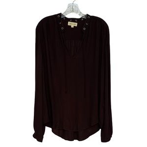 CLOTH & STONE Eggplant Purple Collarless Tie Neck Peasant Blouse L